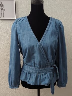 Madewell Light Blue Denim Wrap Blouse with Tie Waist